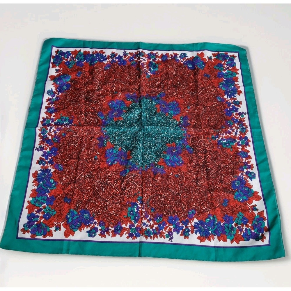 Vintage Italian Floral Paisley Scarf Vibrant Teal & Red 31" Square Made in Italy